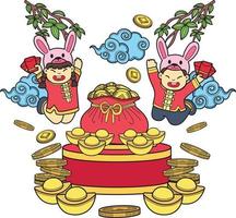 mano disegnato Cinese bambino indossare coniglio cappello e i soldi Borsa illustrazione vettore