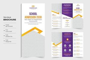 accademico formazione scolastica promozionale opuscolo modello per scuola o Università. indietro per scuola trifold opuscolo design con giallo e viola colori. scuola ammissione e attività opuscolo disposizione. vettore