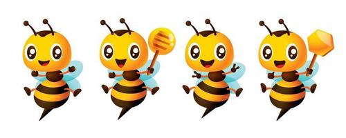 cartone animato carino ape portafortuna impostato con diverso pose, ape Aperto braccia animatamente, vittoria mano segni, Tenere miele mestolo e miele pettine cartello. cartone animato ape personaggio serie illustrazione vettore