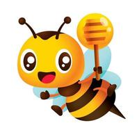 cartone animato carino ape Tenere miele mestolo con miele gocciolante. contento miele ape vettore personaggio illustrazione