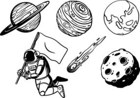 impostato di spazio oggetto mano disegnato design. illustrazione di pianeta, cometa e astronauta vettore