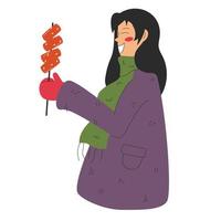 contento giovane donna nel inverno Abiti mangiare tteokbokki su bastone - coreano nazionale torta. cibo concetto. vettore azione illustrazione isolato su bianca sfondo nel piatto stile