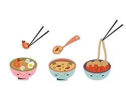 impostato di tre ciotola con asiatico cibo con posate coreano miso la minestra tteokbokki giapponese ramen. vettore azione illustrazione isolato su bianca sfondo. piatto stile