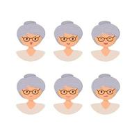 carino nonna icone. testa avatar carattere. impostato di vecchio femmina emozioni. facciale espressione. piatto design vettore illustrazione