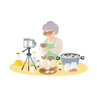 cibo blogging concetto. anziano donna blogger personaggio preparare champignon funghi. in scatola naturale salutare prodotti vettore illustrazione.