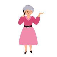 vettore personaggio illustrazione di anziano donna parlando su smartphone. nonna utilizzando mobile Telefono. famiglia, mobile Internet, sociale media, moderno comunicazione tecnologia concetto.