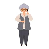vettore personaggio illustrazione di anziano donna parlando su smartphone. nonna utilizzando mobile Telefono. famiglia, mobile Internet, sociale media, moderno comunicazione tecnologia concetto.