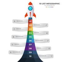 elenco diagramma con 10 numero punti di fare un passo, sequenza, colorato razzo lanciare avviare, Infografica elemento modello vettore. vettore