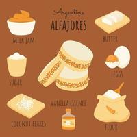 argentino alfajores biscotto ricetta ingredienti. tradizionale latino americano dolce consiste Farina burro uovo suger vaniglia essenza latte marmellata Noce di cocco fiocchi. carino mano disegnato scarabocchio. vettore illustrazione.