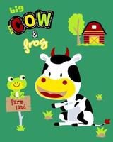 vettore cartone animato di divertente mucca con poco rana nel il azienda agricola campo