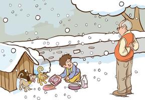 ragazzo e il suo nonno alimentazione vagante animali mentre esso è nevicando cartone animato vettore illustrazione