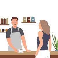 giovane uomo fabbricazione caffè per cliente piatto vettore illustrazione. uomo in piedi dietro a contatore e offerta caldo bere. piatto vettore illustrazione isolato su bianca sfondo