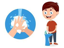 poco ragazzo lavaggio mani con liquido sapone per impedire contro virus, cartone animato vettore illustrazione