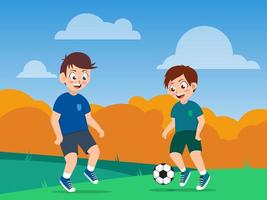ragazzi giocare calcio o calcio su il campo, cartone animato vettore illustrazione