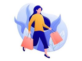 cartone animato di un' contento donna salto o a piedi con 2 shopping borse nel sua mani durante il vendita o sconto a il mercato, vettore piatto illustrazione.