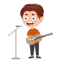 poco ragazzo cantando e giocando chitarra, musica prestazione di ragazzo, cartone animato vettore illustrazione