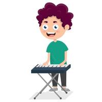 poco ragazzo giocando pianoforte, giovane pianista su prestazione, cartone animato vettore illustrazione su bianca sfondo