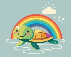carino tartaruga personaggio nel un' pozzanghera e un' arcobaleno nel il cielo. piatto vettore illustrazione.