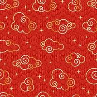 modello senza saldatura nuvola vintage cinese. sfondo rosso con cielo dorato e stelle. ornamento tradizionale orientale. vettore