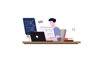 uomo programmatore è Lavorando su il suo il computer portatile. codifica e programmazione. vettore