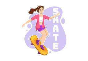 skateboard illustrazione con skateboarder saltare utilizzando tavola su trampolino nel Skate park nel estremo sport piatto stile cartone animato mano disegnato modelli vettore