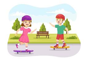 skateboard illustrazione con bambini skateboarder saltare utilizzando tavola su trampolino nel Skate park nel estremo sport piatto stile cartone animato mano disegnato modelli vettore