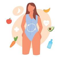 dieta e metabolismo concetto. Salute cibo, dietetico integratori, bene digestione, femmina ormoni, preventivo medicinale. piatto vettore illustrazione