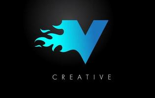 blu fuoco blu v lettera fiamma logo design. fuoco logo lettering concetto. vettore