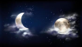 pieno Luna e mezzaluna nel notte cielo con nuvole vettore