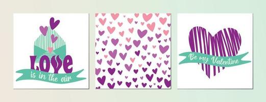 impostato di san valentino giorno saluto carte e sociale media messaggi. viola e rosa cuori, verde nastri, Busta vettore