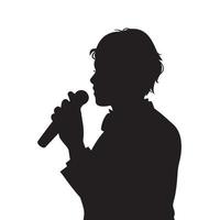 mc maestro di cerimonia, annunciatore, o cantante persona personaggio con Tenere mic posa gesto. nero vettore illustrazione silhouette isolato su bianca sfondo. semplice umano disegno Tenere microfono