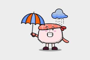 carino cartone animato Sushi gamberetto nel pioggia utilizzando ombrello vettore