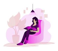 donna lettura un' libro concetto. donna seduta su fagiolo sedia. isolato vettore illustrazione