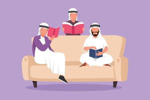 personaggio piatto disegno amichevole arabo famiglia legge libri insieme nel vivente camera a casa. fratelli e bambini siamo seduta su divano. concetto di comune famiglia lettura. cartone animato design vettore illustrazione