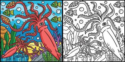 illustrazione colorata della pagina di colorazione del calamaro gigante vettore