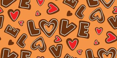 un' modello di il parola di amore nel il modulo di biscotti con glassatura e cuori. Zenzero biscotti nel il forma di lettere con un' contorno di Smalto. sfondo per stampa regalo confezione vettore