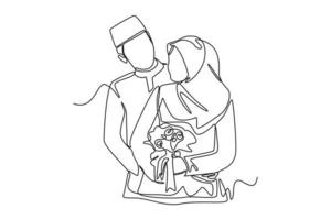continuo uno linea disegno contento musulmano sposa e sposo nel nozze vestire. nozze concetto. singolo linea disegnare design vettore grafico illustrazione.