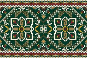 floreale attraversare punto ricamo su verde sfondo.geometrico etnico orientale modello tradizionale.azteco stile astratto vettore illustrazione.disegno per trama, tessuto, abbigliamento, avvolgimento, decorazione, sciarpa.