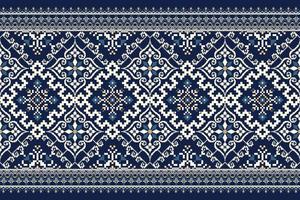 floreale attraversare punto ricamo su Marina Militare blu sfondo.geometrico etnico orientale modello tradizionale.azteco stile astratto vettore illustrazione.disegno per trama, tessuto, abbigliamento, avvolgimento, decorazione.