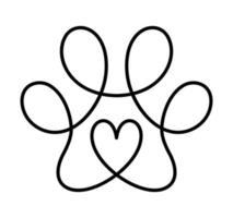 cane amore o gatto zampa orma e cuore nel continuo uno linea disegno logo. minimo linea arte. animale nel cuore. animali domestici amore concetto monoline vettore