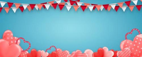 San Valentino bandiere ghirlande con 3d rosa cuore su blu sfondo. simbolo il colore San Valentino. San Valentino sfondo con festa bandiere. vettore illustrazione. vettore illustrazione eps 10
