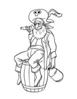 pirata seduta su un' barile isolato colorazione pagina vettore