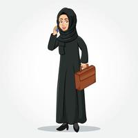 Arabo donna d'affari cartone animato personaggio nel tradizionale Abiti A proposito di su smartphone vettore