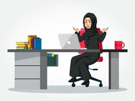 Arabo donna d'affari cartone animato personaggio nel tradizionale Abiti seduta a sua scrivania, diffusione sua mani per il lati vettore