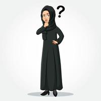Arabo donna d'affari cartone animato personaggio nel tradizionale Abiti pensiero con domanda marchio icona vettore