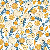 luminosa estate senza soluzione di continuità modello con frutta - fichi e mele, arance e pere nel cartone animato stile isolato su bianca sfondo vettore