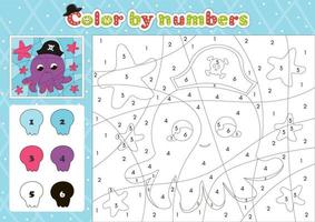 pirata a tema colorazione pagina di numero per bambini con carino animale personaggio polpo vettore