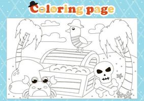 pirata a tema colorazione pagina per bambini con carino animale personaggi e il petto con monete vettore