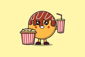 carino cartone animato takoyaki con Popcorn e bevanda vettore