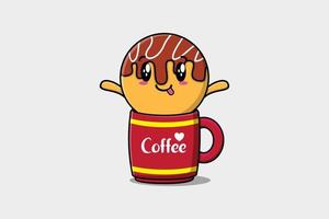takoyaki carino personaggio illustrazione nel caffè tazza vettore